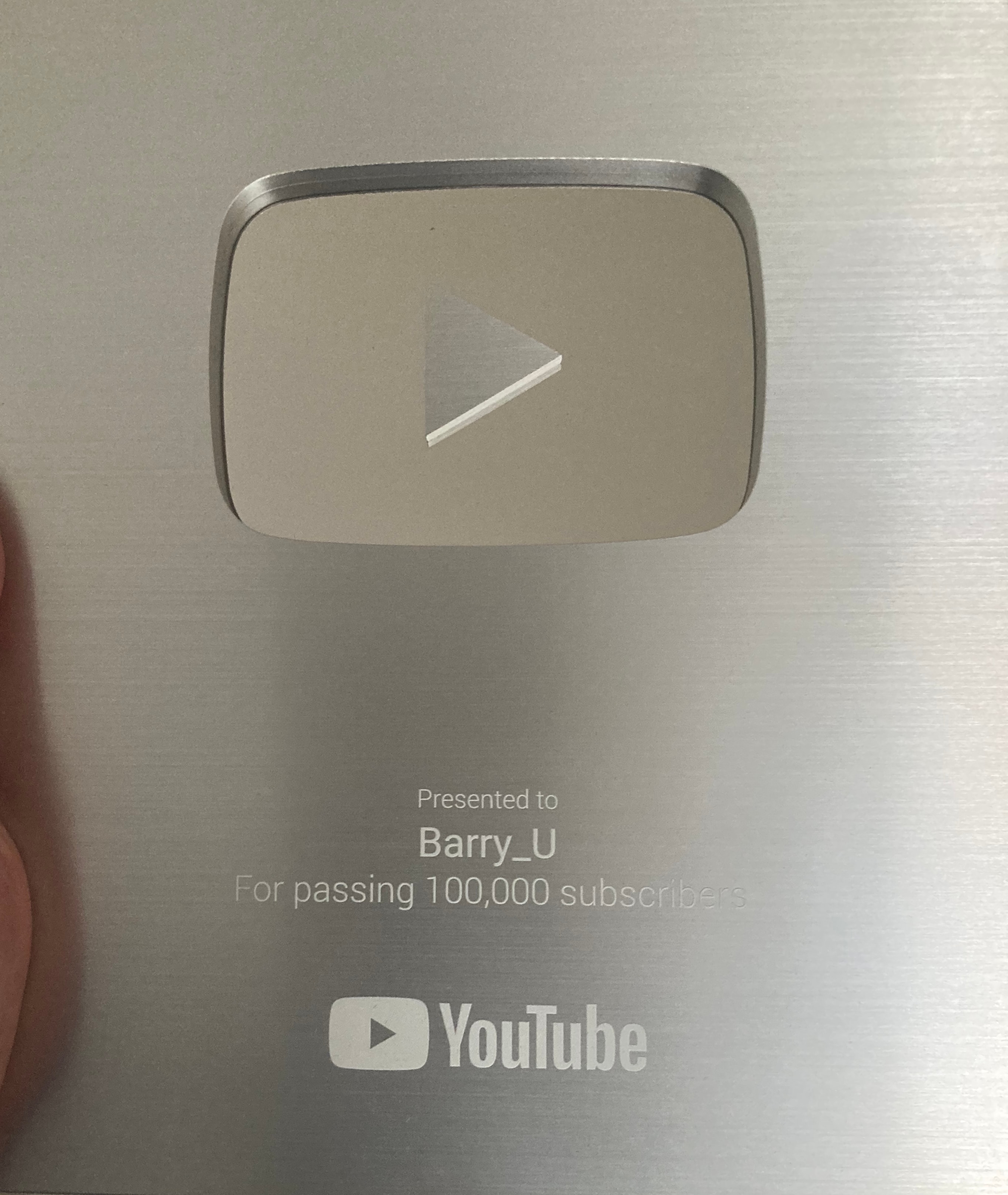 YouTube Silver Play Button awarded to Barry_U for 100,000 subscribers