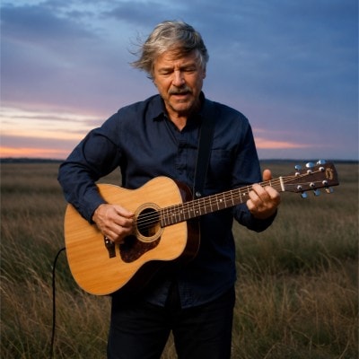 Musician playing acoustic guitar in a recording studio